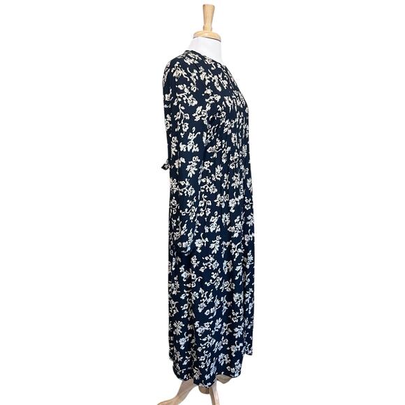 Positive Attitude Midi Ankle Dress Dark Navy Tan Floral Tie Back Cottagecore 12 - Picture 2 of 7
